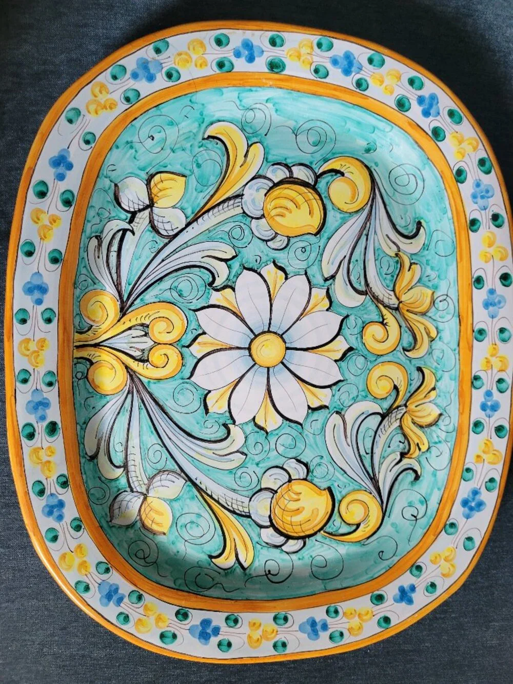 Caltagirone ITALIAN Ceramic Platter SIGNED 17 X 13 HAND PAINTED FLOWERS